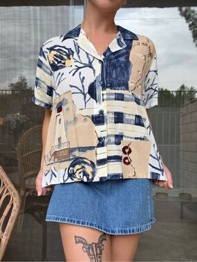 Jams World Rayon Lighthouse Nautical Coastal Print Button Up Shirt S